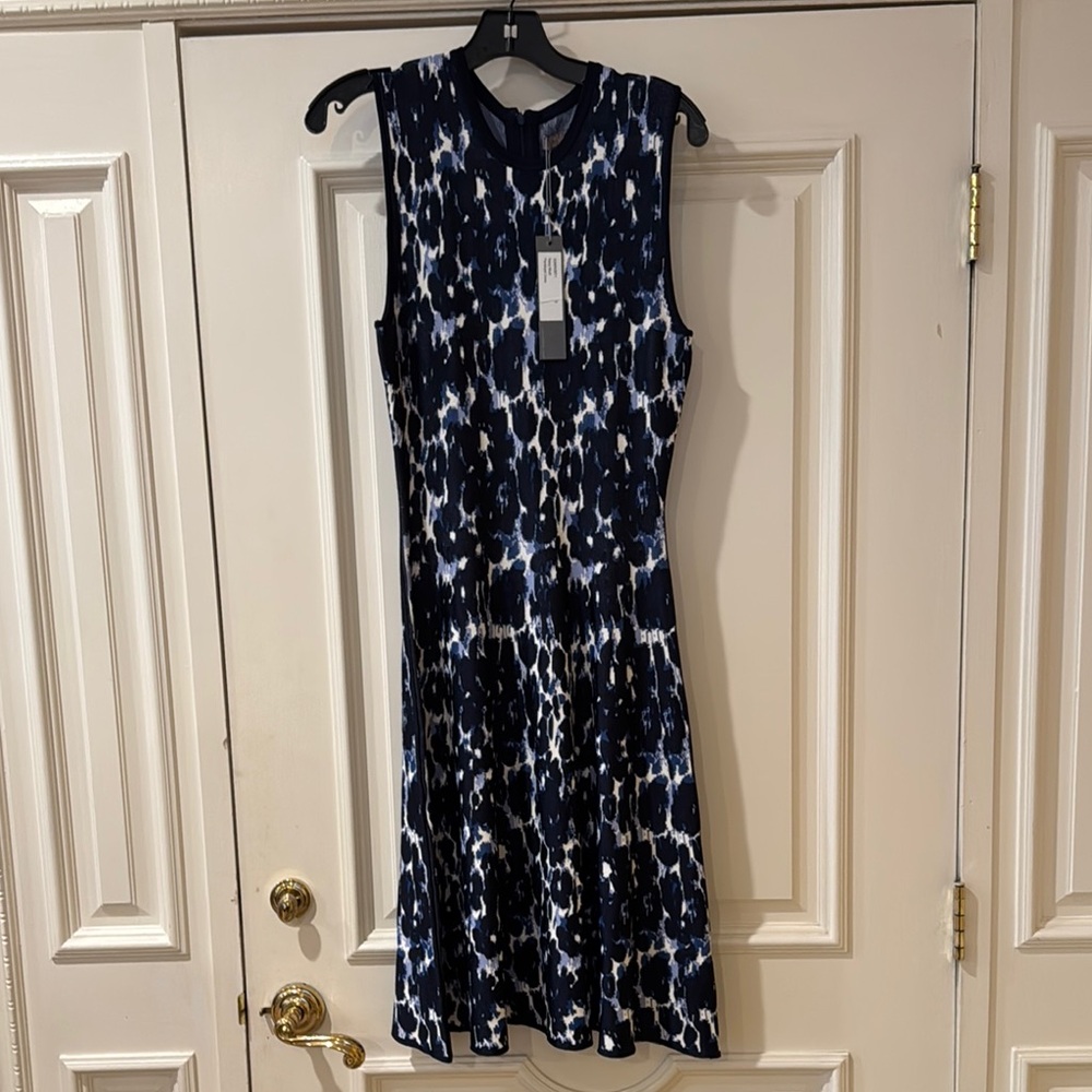 Lela Rose Midi Elegant Navy and White Patterned Sleeveless Dress